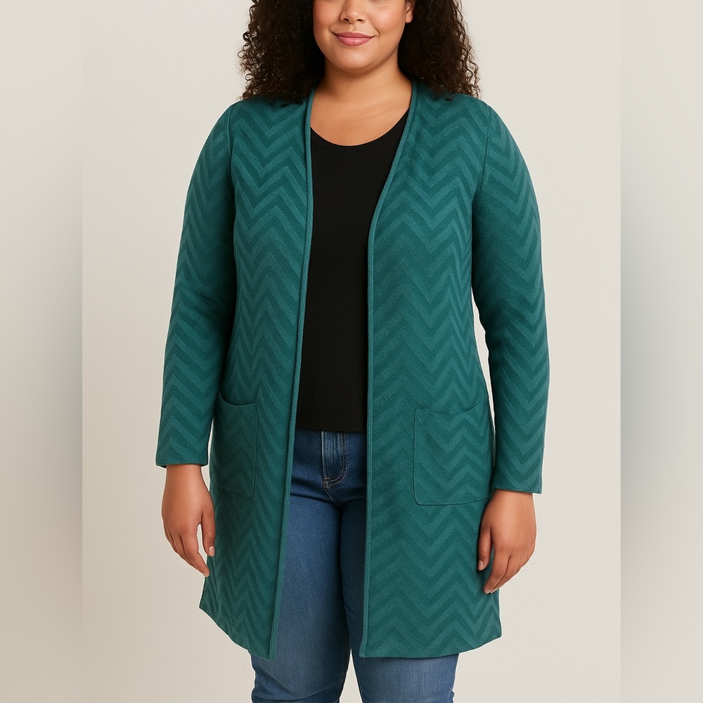 Moth Teal Chevron Open-Front Cardigan sweater with pockets medium